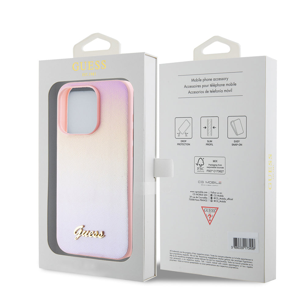 Case for Apple iPhone 15 Pro Max, Guess, Iridescent Metal Script, Pink