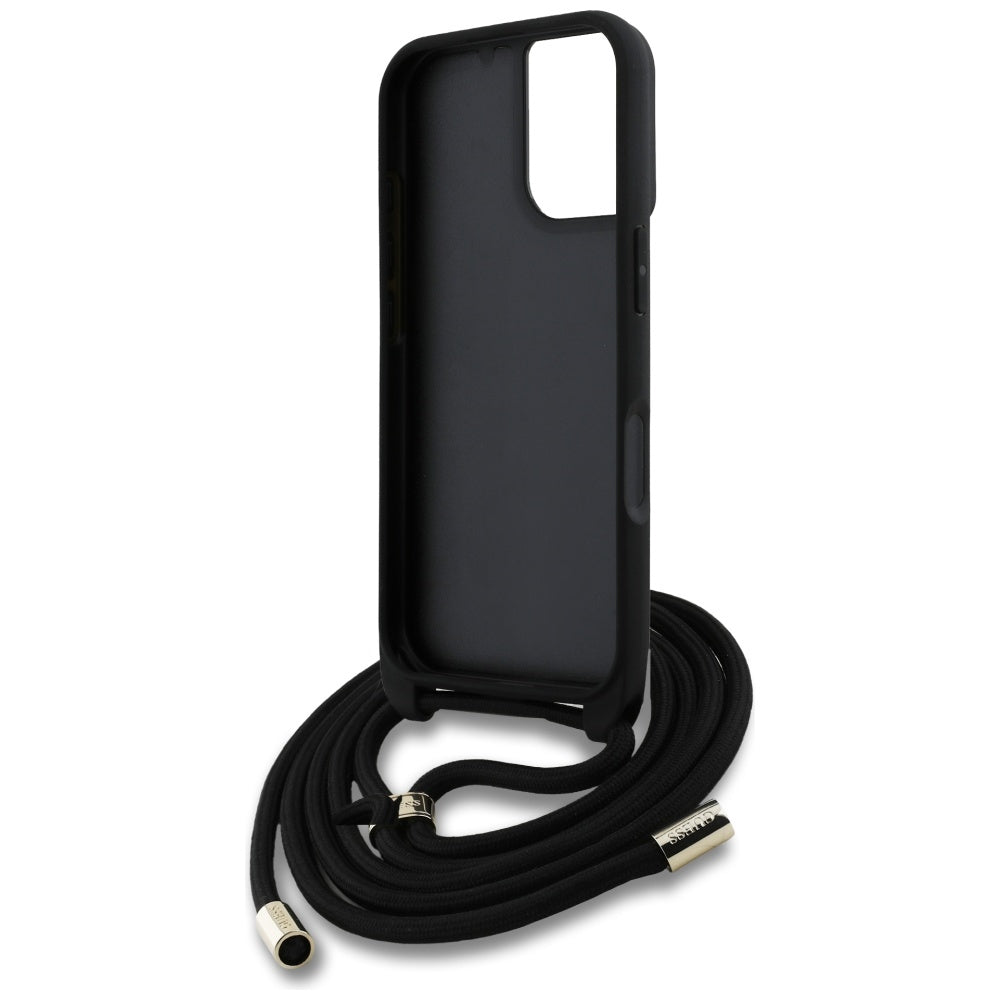 Case for Apple iPhone 16, Guess, 4G CBDY Big Logo with Cord Strap, Black