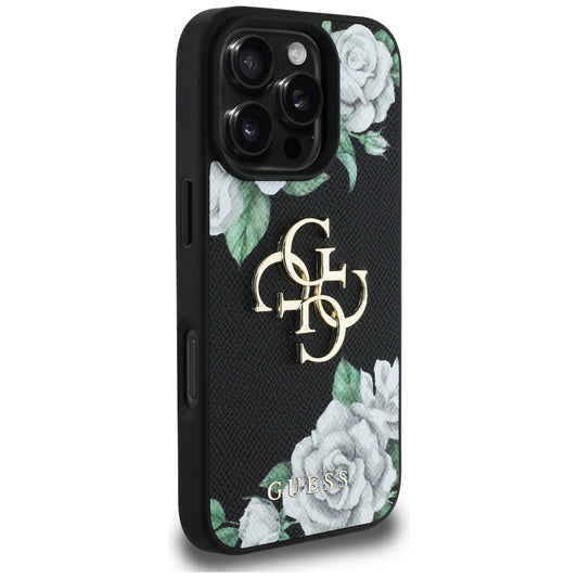 Case for Apple iPhone 16 Pro Max, Guess, 4G Grained Roses Big Logo, Black