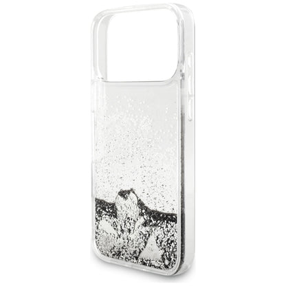 Case for Apple iPhone 18 Pro / 17 Pro, Guess, Liquid Glitter Charms, Silver