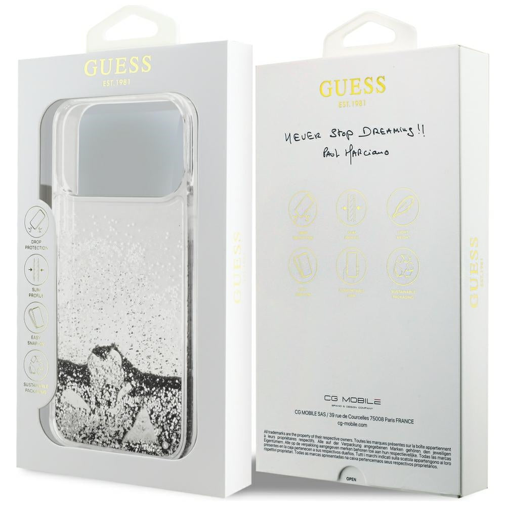Case for Apple iPhone 18 Pro / 17 Pro, Guess, Liquid Glitter Charms, Silver