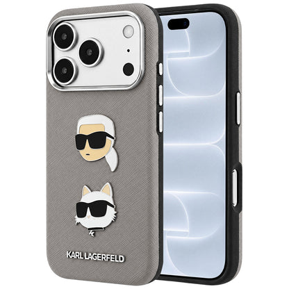 Case for Apple iPhone 18 Pro / 17 Pro, Karl Lagerfeld, Saffiano with Karl & Choupette Head's Pin and Logo, Gray