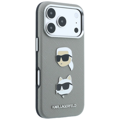 Case for Apple iPhone 18 Pro / 17 Pro, Karl Lagerfeld, Saffiano with Karl & Choupette Head's Pin and Logo, Gray