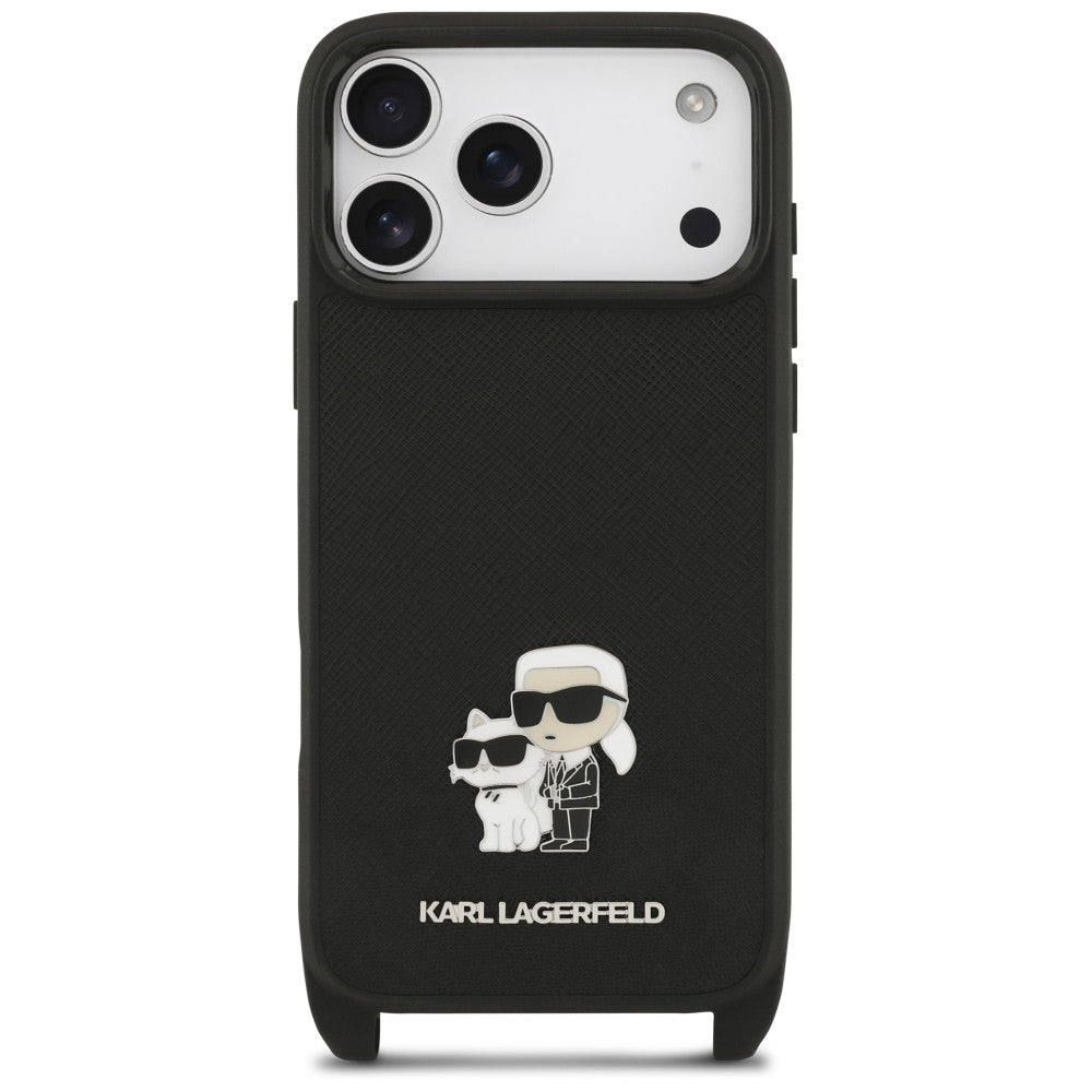 Case for Apple iPhone 18 Pro Max / 17 Pro Max, Karl Lagerfeld, Saffiano Crossbody Metal Pin Karl & Choupette, Black
