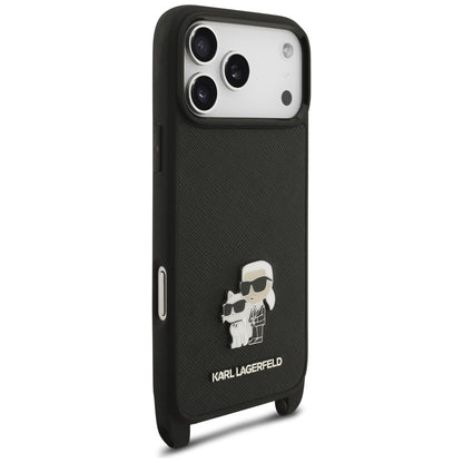Case for Apple iPhone 18 Pro Max / 17 Pro Max, Karl Lagerfeld, Saffiano Crossbody Metal Pin Karl & Choupette, Black