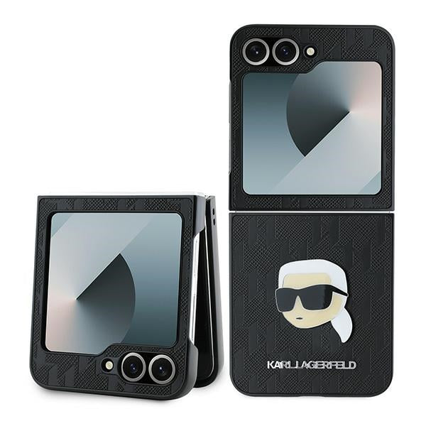 Case for Samsung Galaxy Z Flip7 FE F761 / Z Flip6 F741, Karl Lagerfeld, Saffiano Monogram Karl's Head Metal, Black