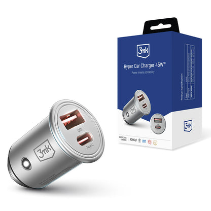 3MK Hyper Car Charger, 45W, 3A, 1 x USB-A - 1 x USB-C, Silver