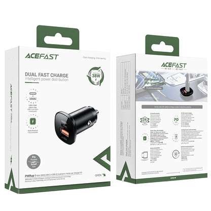 Acefast B1 Car Charger, 38W, 3A, 1 x USB-A - 1 x USB-C, Black