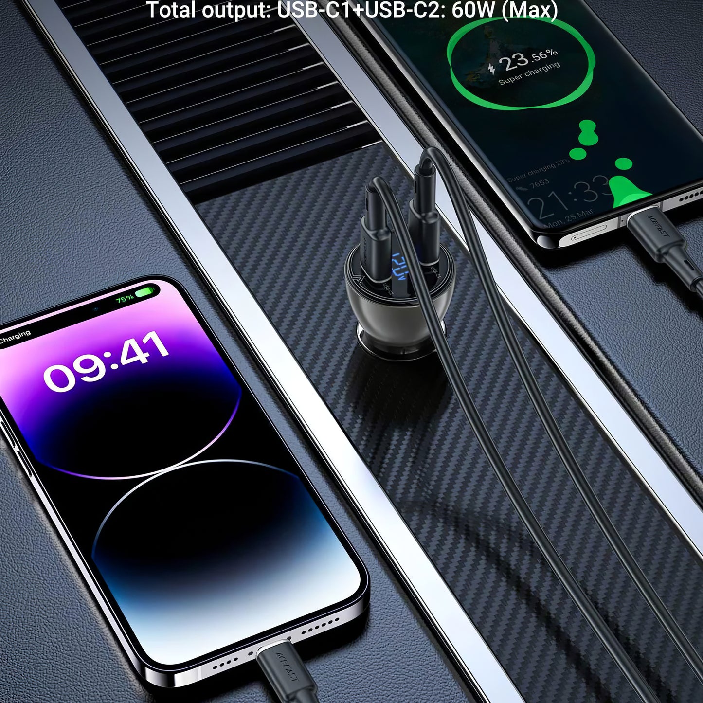 Acefast B10 Car Charger, 60W, 3A, 2 x USB-C, Black