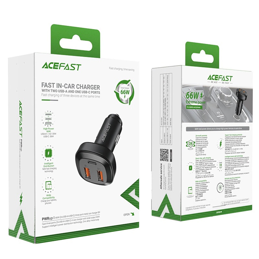 Acefast B9 Car Charger, 66W, 5A, 2 x USB-A - 1 x USB-C, Black