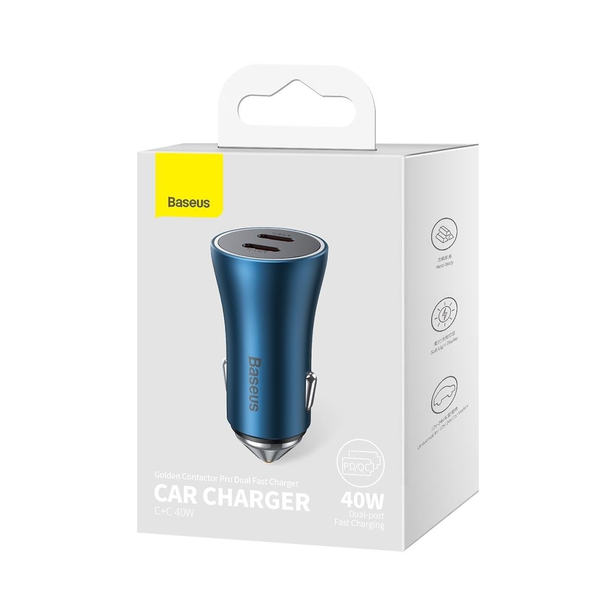 Baseus Golden Contactor Pro Car Charger, 40W, 3A, 2 x USB-C, Blue