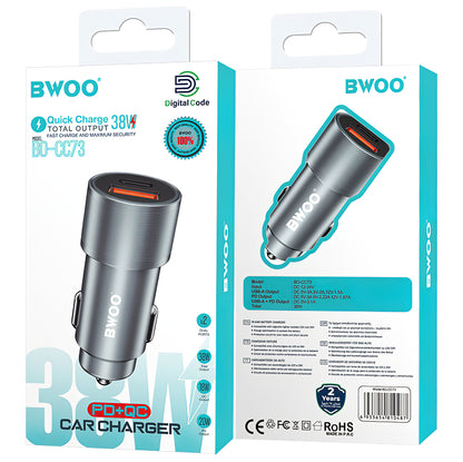 BWOO BO-CC73 Car Charger, 38W, 3A, 1 x USB-A - 1 x USB-C, Silver