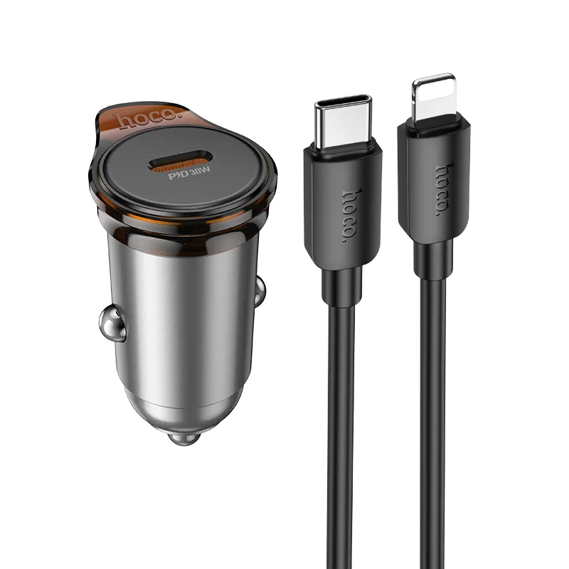 Car Charger with Lightning Cable HOCO NZ16, 30W, 3A, 1 x USB-C, Gray