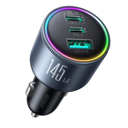 Joyroom JR-CCN07 Car Charger with USB-C Cable, 145W, 5A, 1 x USB-A - 2 x USB-C, Gray
