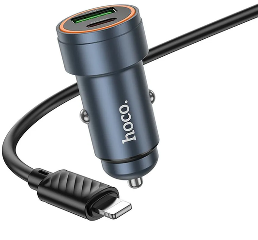 Car Charger with Lightning Cable HOCO Z57A, 30W, 3A, 1 x USB-A - 1 x USB-C, Gray