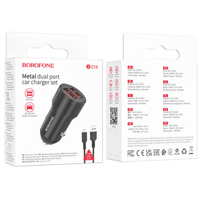 Borofone BZ19 Wisdom Car Charger With Lightning Cable, 12W, 2.4A, 2 x USB-A, Black