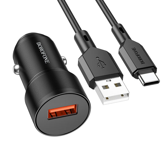 Car Charger with USB-C Cable Borofone BZ19A Wisdom, 18W, 3A, 1 x USB-A, Black 