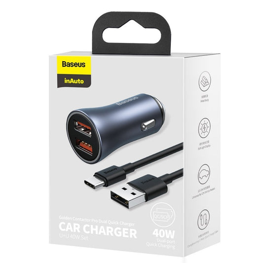 Car Charger with USB-C Cable Baseus Golden Contactor Pro Dual, 40W, 3A, 2 x USB-A, Gray TZCCJD-A0G