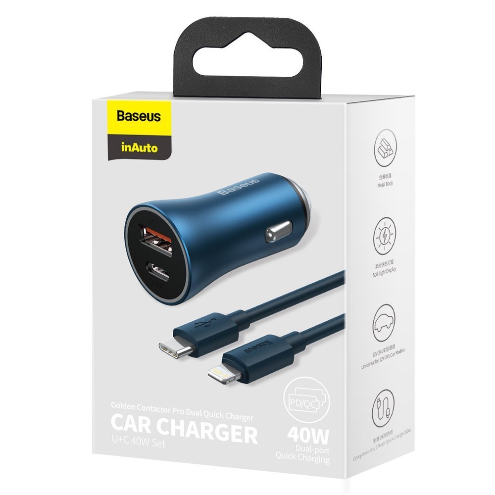 Car Charger With Lightning Cable Baseus Golden Contactor, 40W, 3A, 1 x USB-A - 1 x USB-C, Navy Blue TZCCJD-03