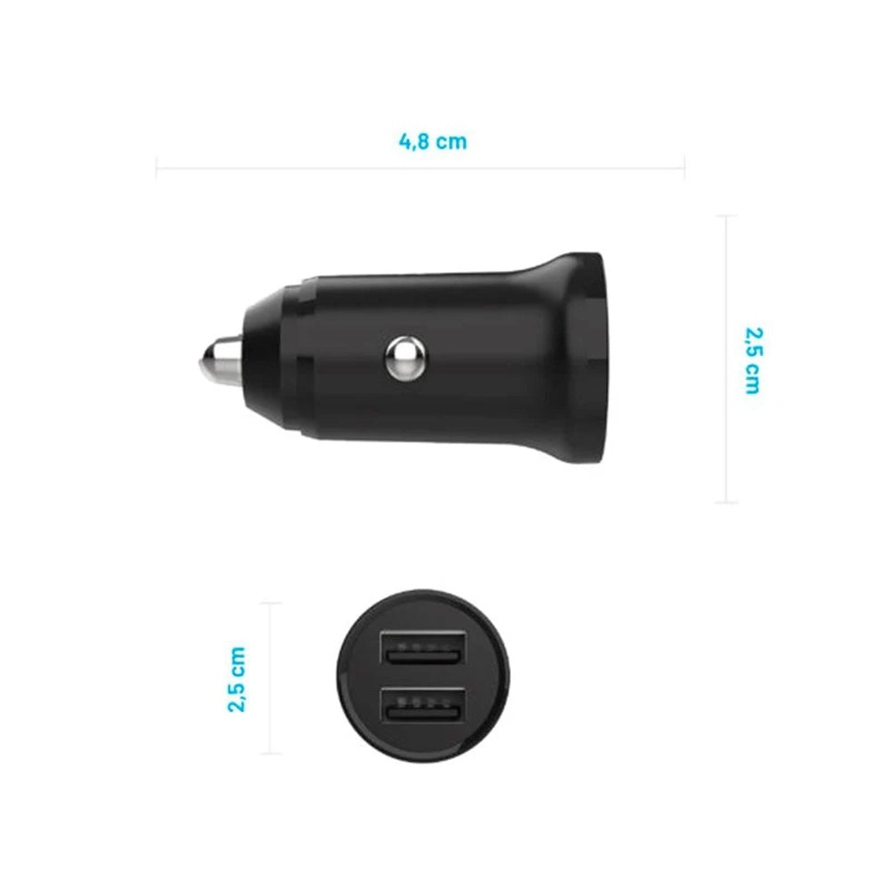 Fixed Auto Charger, 15.5W, 3A, 2 x USB-A, Black