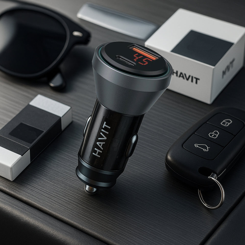 HAVIT CC2017 Car Charger, 45W, 3A, 1 x USB-A - 1 x USB-C, Black Blue