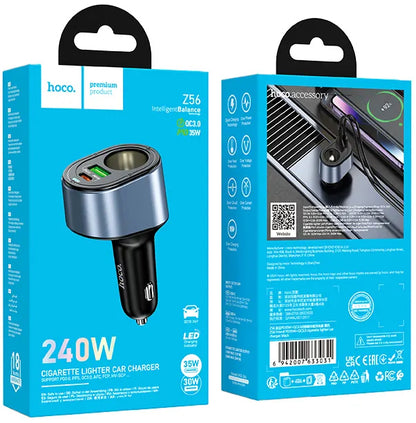 HOCO Z56 Car Charger, 35W, 3A, 1 x USB-A - 1 x USB-C - 1 x Cigarette Lighter Extension, Black