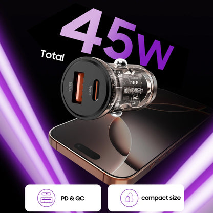 Tech-Protect CC01 Car Charger, 45W, 5A, 1 x USB-A - 1 x USB-C, Black