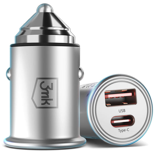 Car Charger 3MK HyperCharger, 30W, 5A, 1 x USB-A - 1 x USB-C, Silver