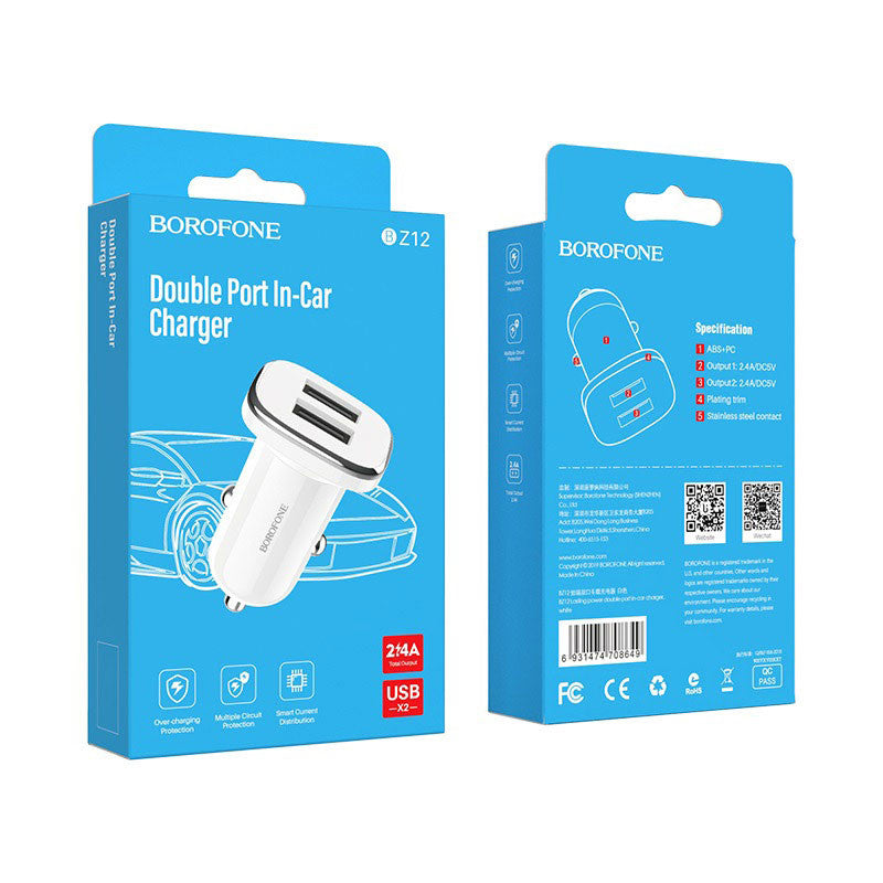 Borofone BZ12 Car Charger, 12W, 2.4A, 2 x USB-A, White