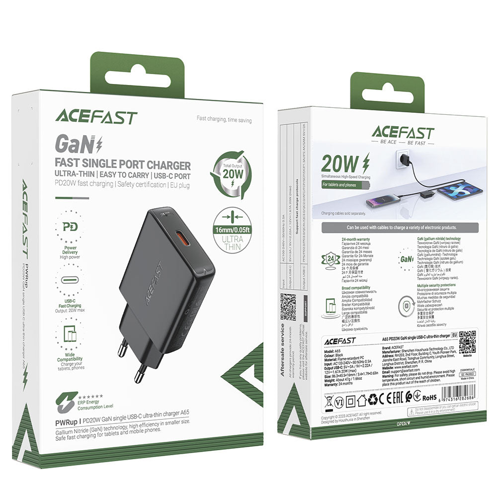 Acefast A65 Network Charger, 20W, 3A, 1 x USB-C, Black