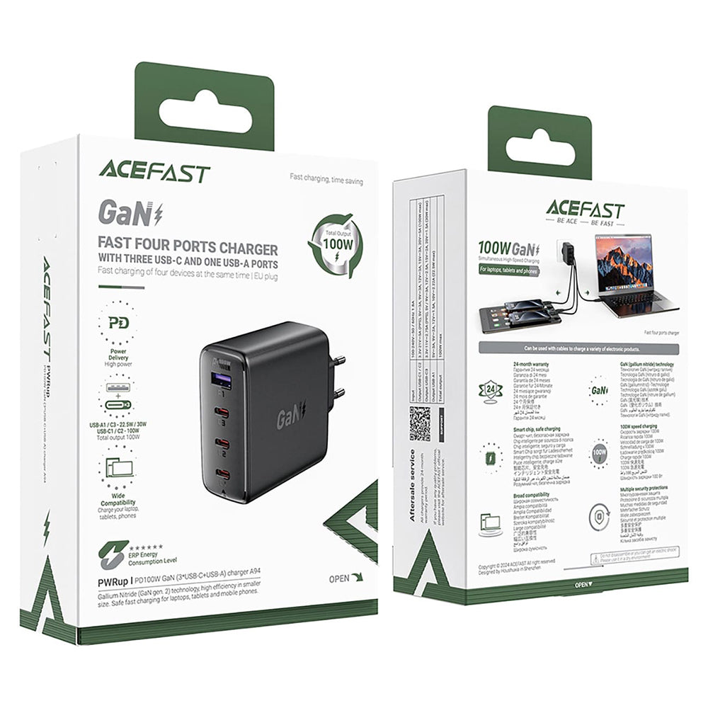 Acefast A94 Network Charger, 100W, 5A, 1 x USB-A - 3 x USB-C, Black