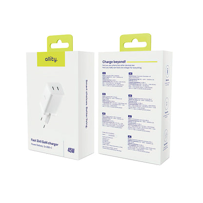 Allity Network Charger. ATC-01-45WCC Fast, 45W, 3A, 2 x USB-C, White