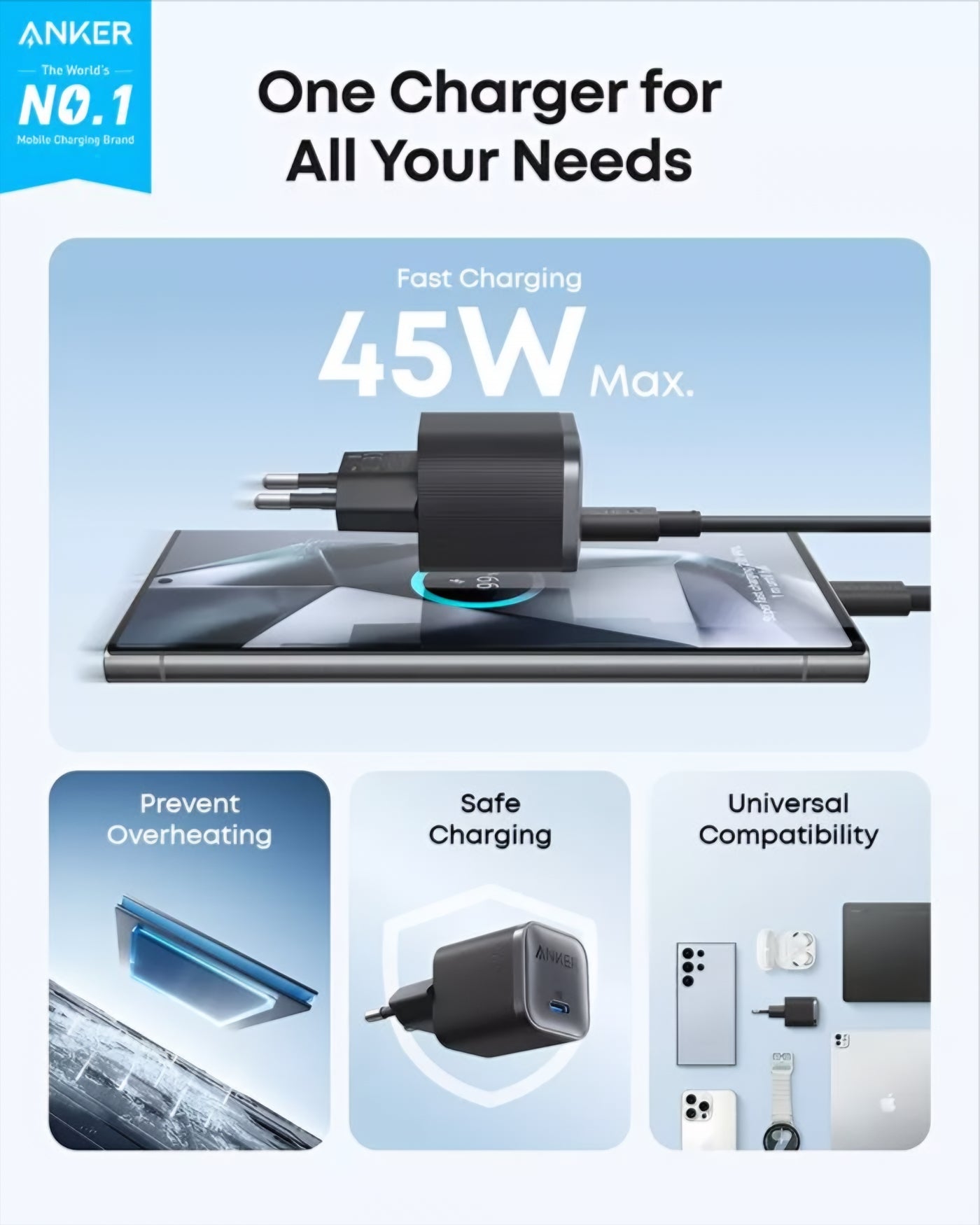 Anker Nano Wall Charger, 45W, 3A, 1 x USB-C, Black A2692L11