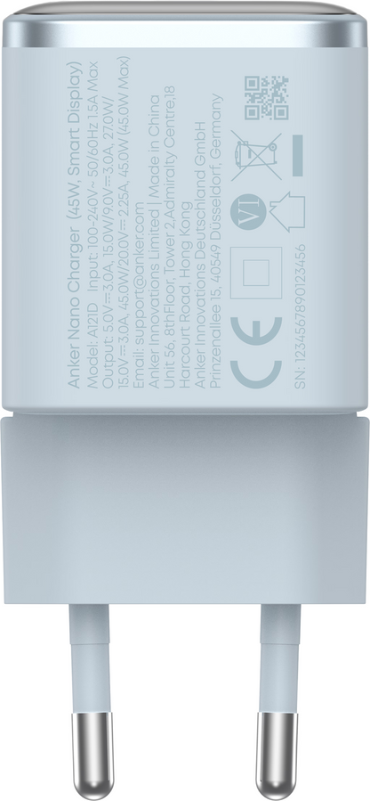 Anker Nano Display Wall Charger, 45W, 3A, 1 x USB-C, Blue A121DG31