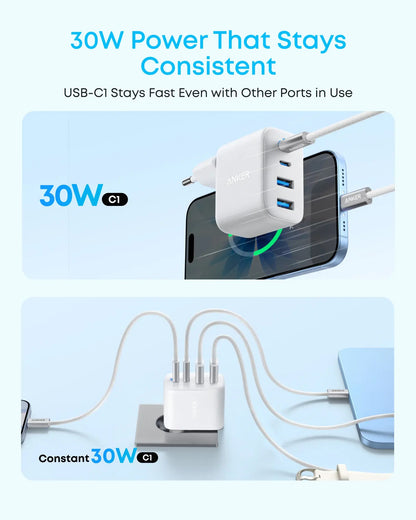 Anker Zolo Wall Charger, 50W, 3A, 2 x USB-A - 2 x USB-C, White
