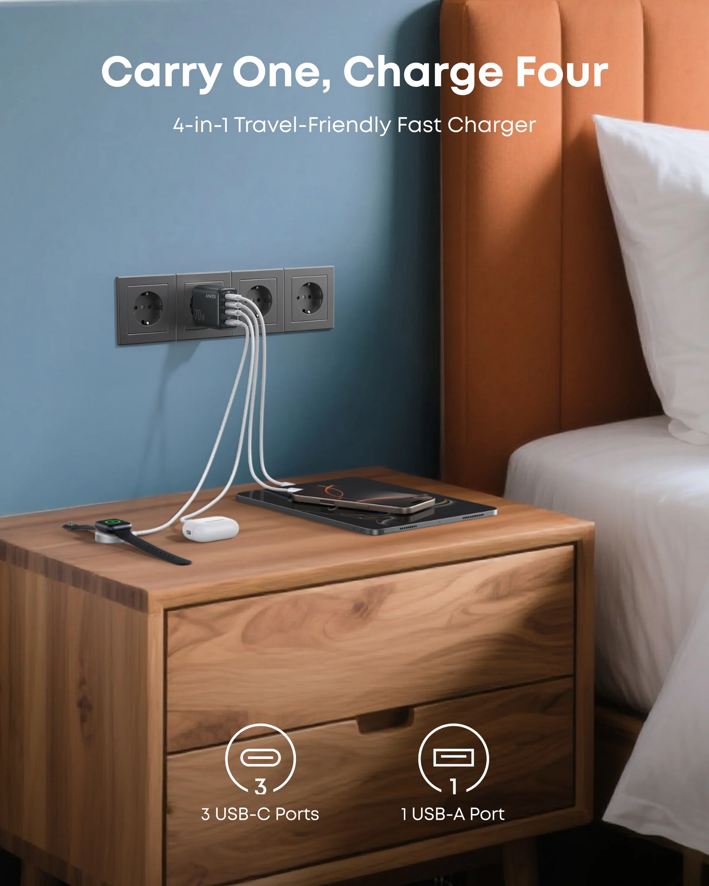 Anker Zolo Network Charger, 70W, 3.5A, 1 x USB-A - 3 x USB-C, Black A121CG11