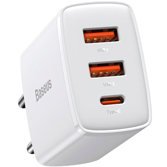 Baseus Compact Network Charger, 30W, 1 x USB-C - 2 x USB-A, White CCXJ-E02