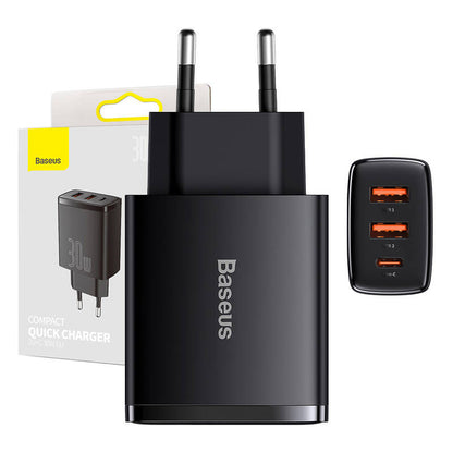 Baseus Compact Network Charger, 30W, 3A, 1 x USB-C - 2 x USB-A, Black CCXJ-E01