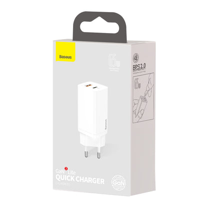 Baseus GaN2 Lite Power Adapter, 65W, 3A, 1 x USB-A - 1 x USB-C, White CCGAN2L-B02