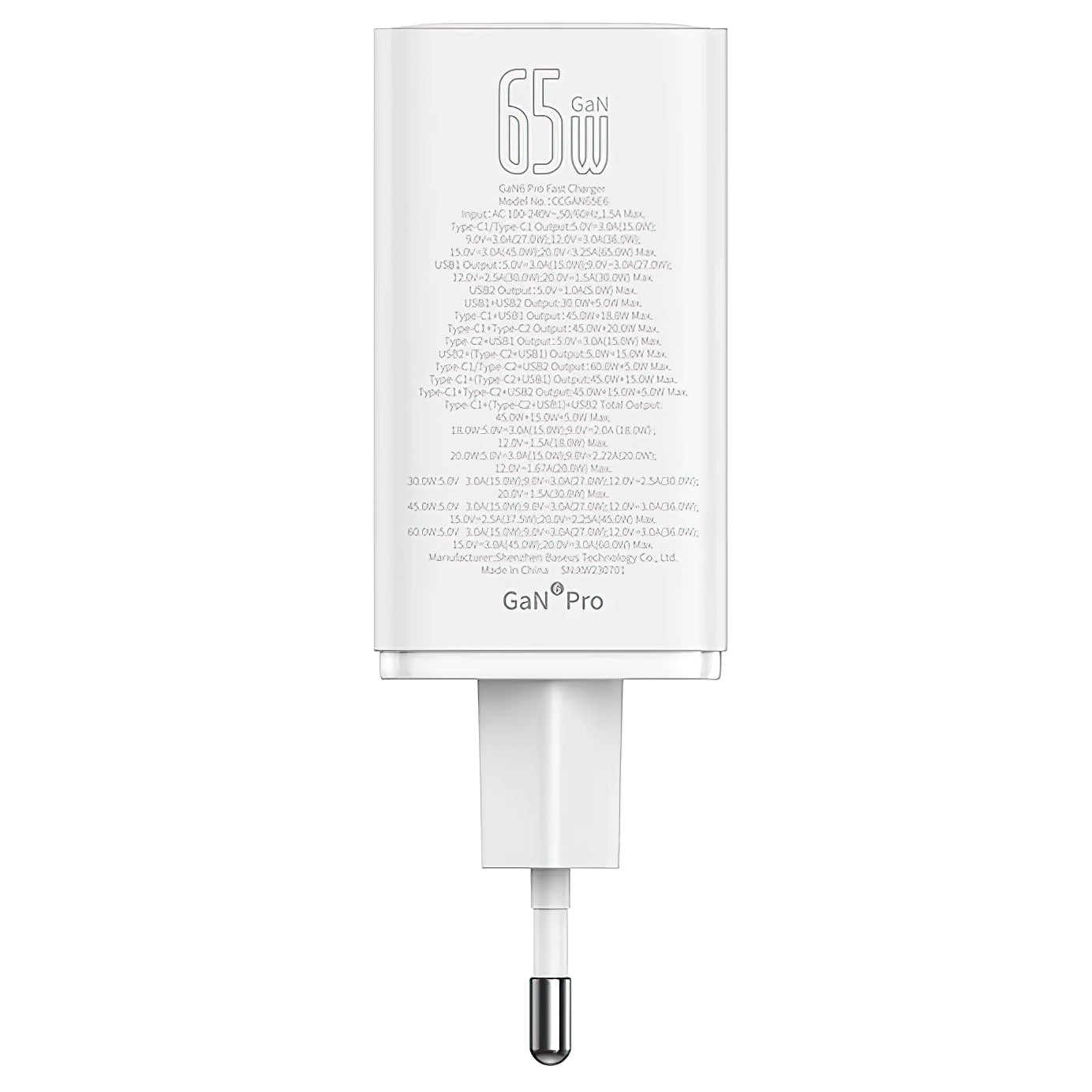 Baseus GaN6 Pro Power Adapter, 65W, 3.25A, 2 x USB-A - 2 x USB-C, White