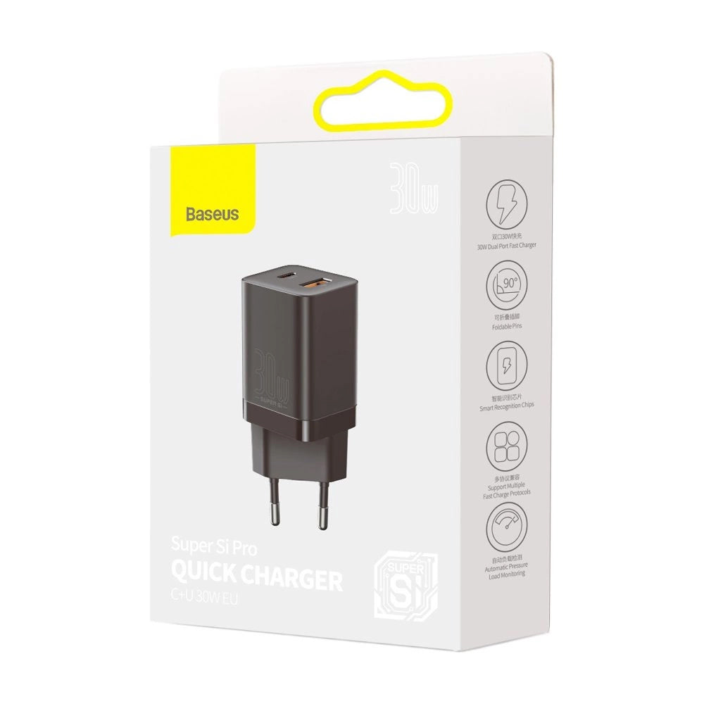 Baseus Super Si Pro Network Charger, 30W, 3A, 1 x USB-A - 1 x USB-C, Black CCSUPP-E01