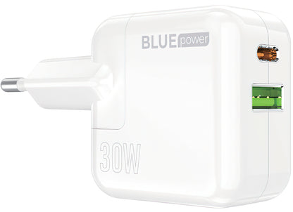 BLUE Power BC111A Network Charger, 30W, 3A, 1 x USB-A - 1 x USB-C, White