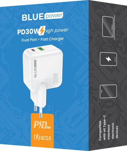 BLUE Power BC111A Network Charger, 30W, 3A, 1 x USB-A - 1 x USB-C, White