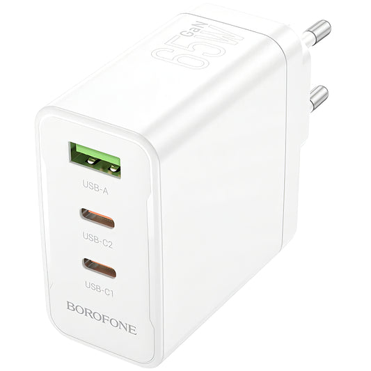 Network Charger Borofone BN12, 65W, 5A, 1 x USB-A - 2 x USB-C, White