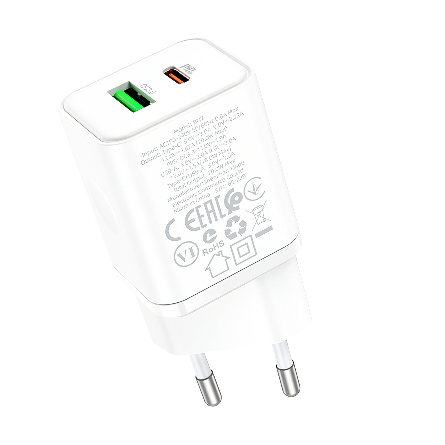 Borofone BN7 Mains Charger, 20W, 3A, 1 x USB-A - 1 x USB-C, White