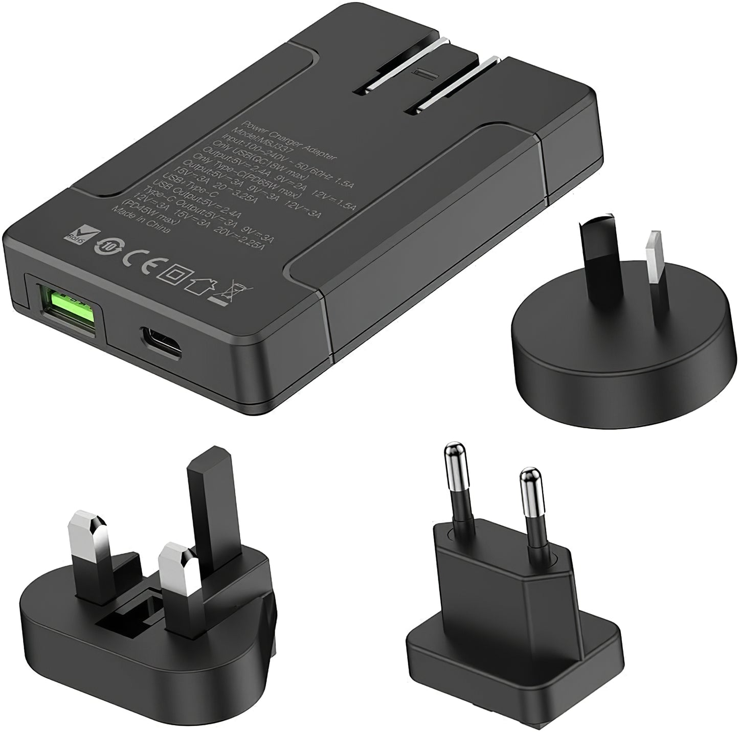 Budi Power Adapter, 65W, 3A, 1 x USB-A - 1 x USB-C, Black