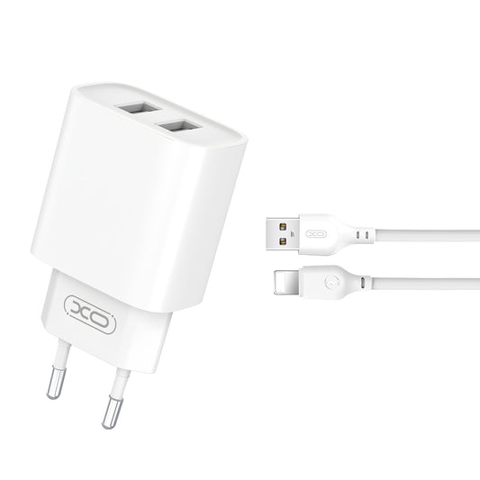 XO Design CE02C Lightning Cable Charger, 10.5W, 2.1A, 2 x USB-A, White