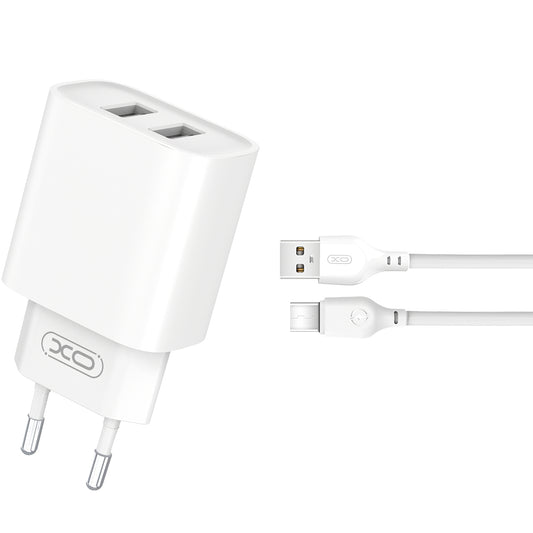 XO Design BPCE02C USB-C Cable Charger, 10.5W, 2.1A, 2 x USB-A, White