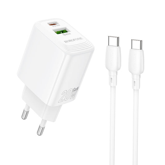 Network Charger with USB-C Cable Borofone BN27 Fuente, 20W, 3A, 1 x USB-A - 1 x USB-C, White