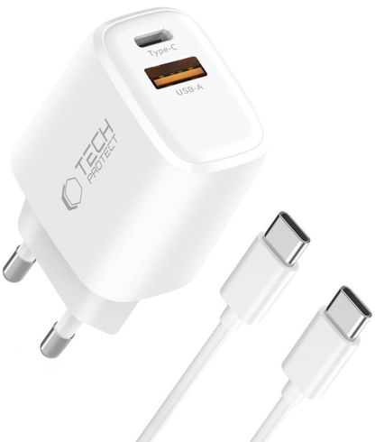 Tech-Protect NCA20 USB-C Cable Wall Charger, 20W, 3A, 1 x USB-A - 1 x USB-C, White